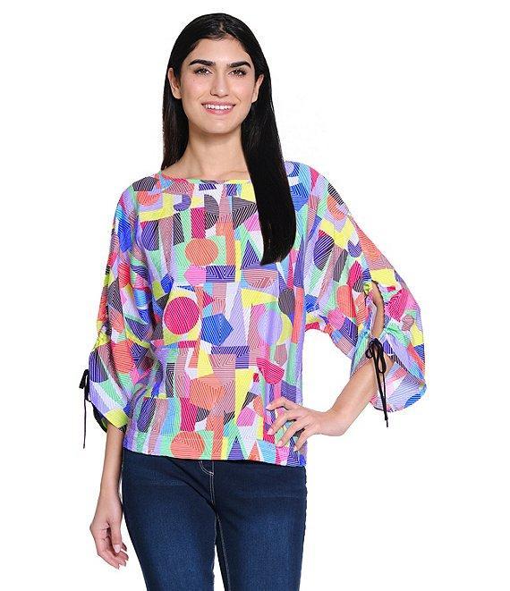 Ali Miles Petite Size Woven Abstract Print Round Neck 3/4 Dolman Cinch Tie Sleeve Tunic Product Image