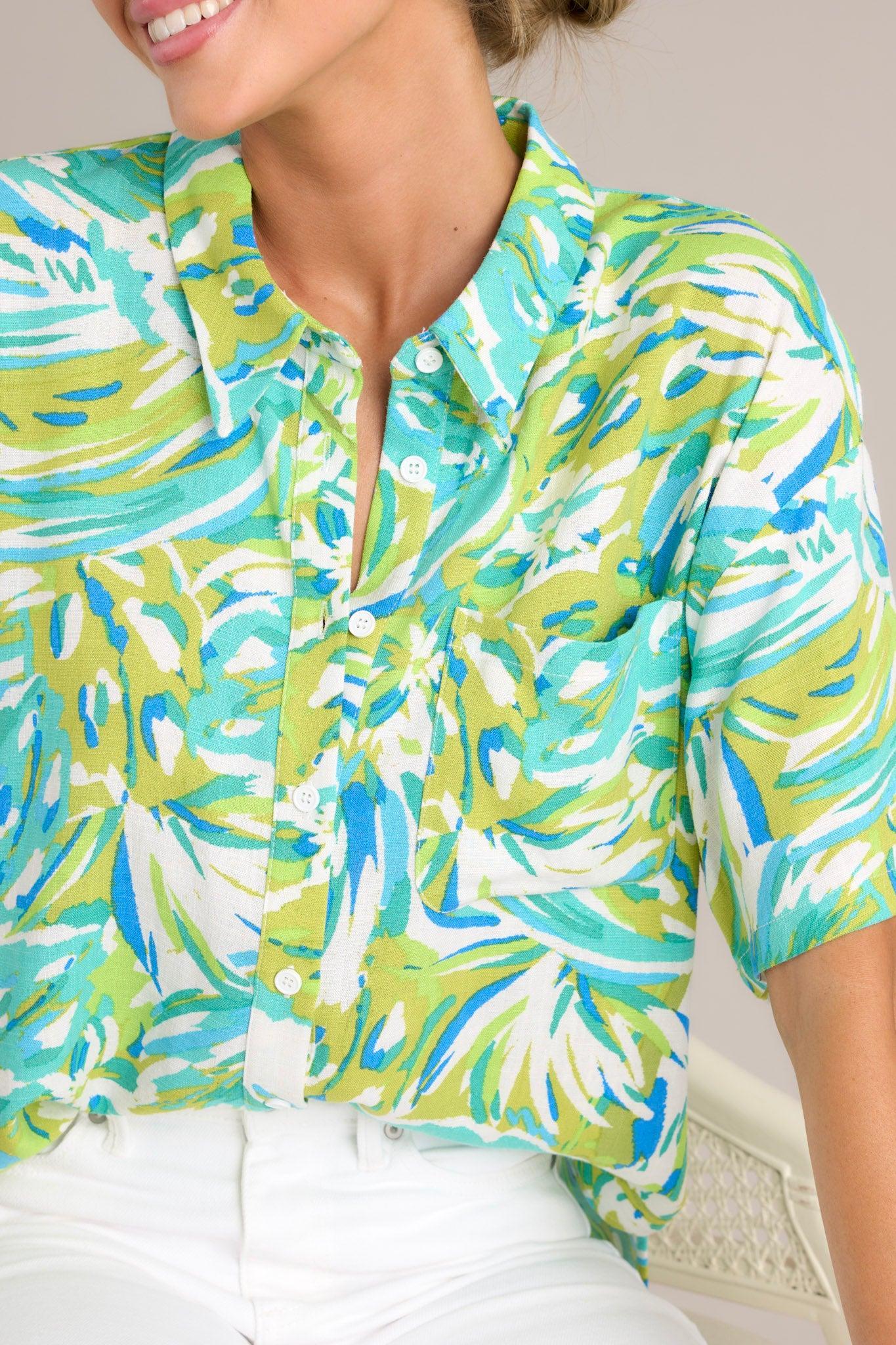 Seaside Escape Teal Tropical Print Button Front Top Product Image