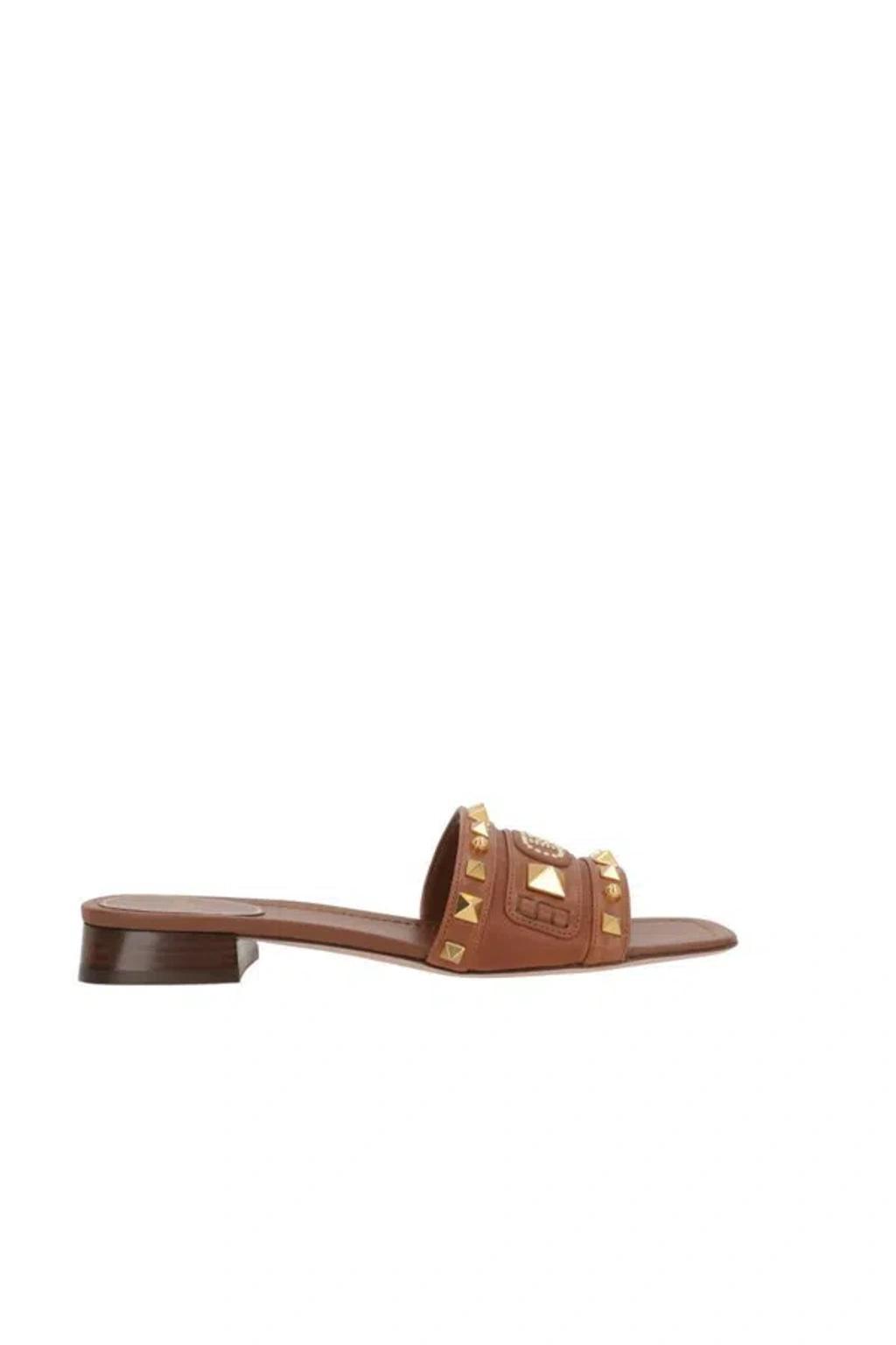 VALENTINO GARAVANI Rockstud Square Toe Slip-on Sandals In Brown Product Image