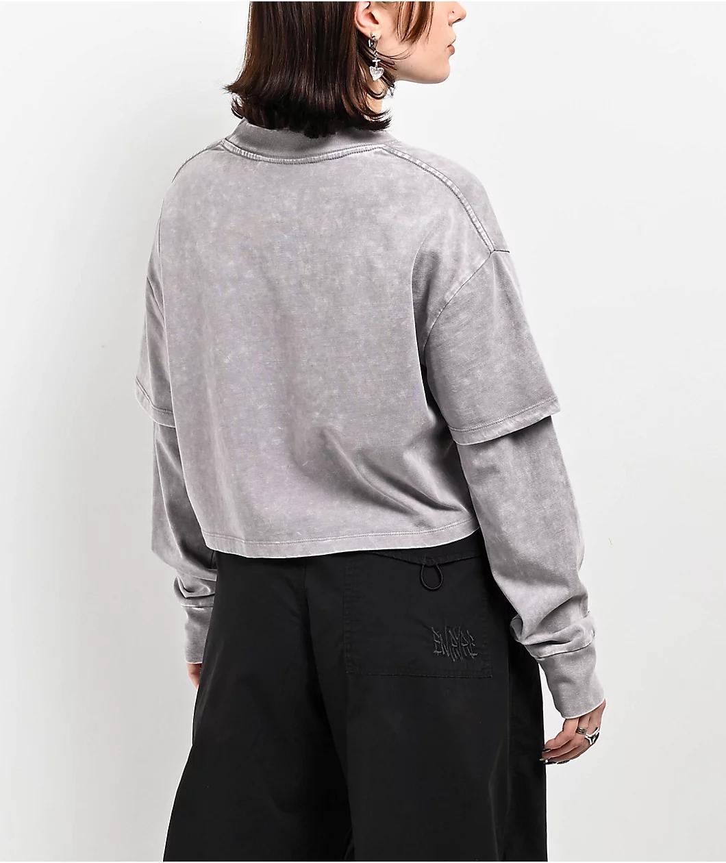 Ninth Hall Fundamentals Lonnie Grey Wash Boxy 2fer Crop Long Sleeve T-Shirt Product Image