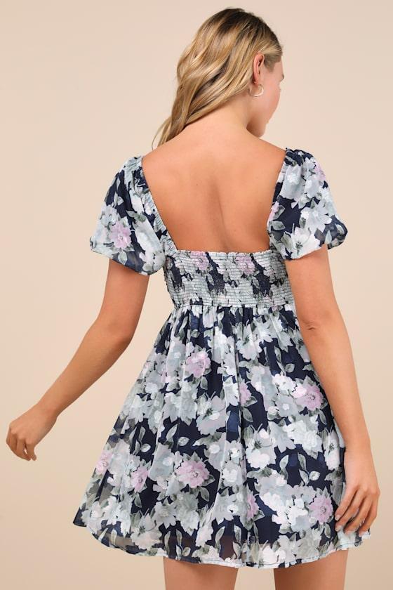 Fresh Florals Navy Floral Print Puff Sleeve Mini Dress Product Image