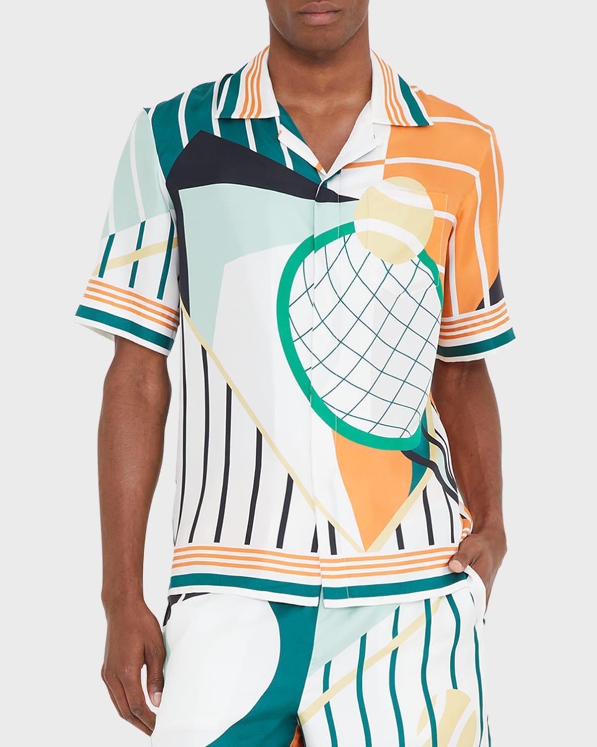 Men's Abstract Tennis-Print Silk Camp Shirt Product Image