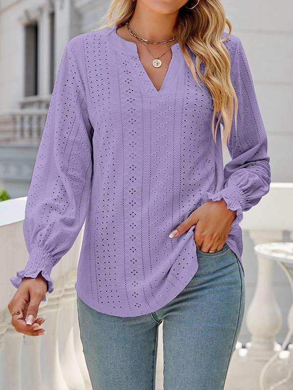 Long Sleeves Loose Elasticity Hollow Solid Color V-Neck T-Shirts Tops Product Image