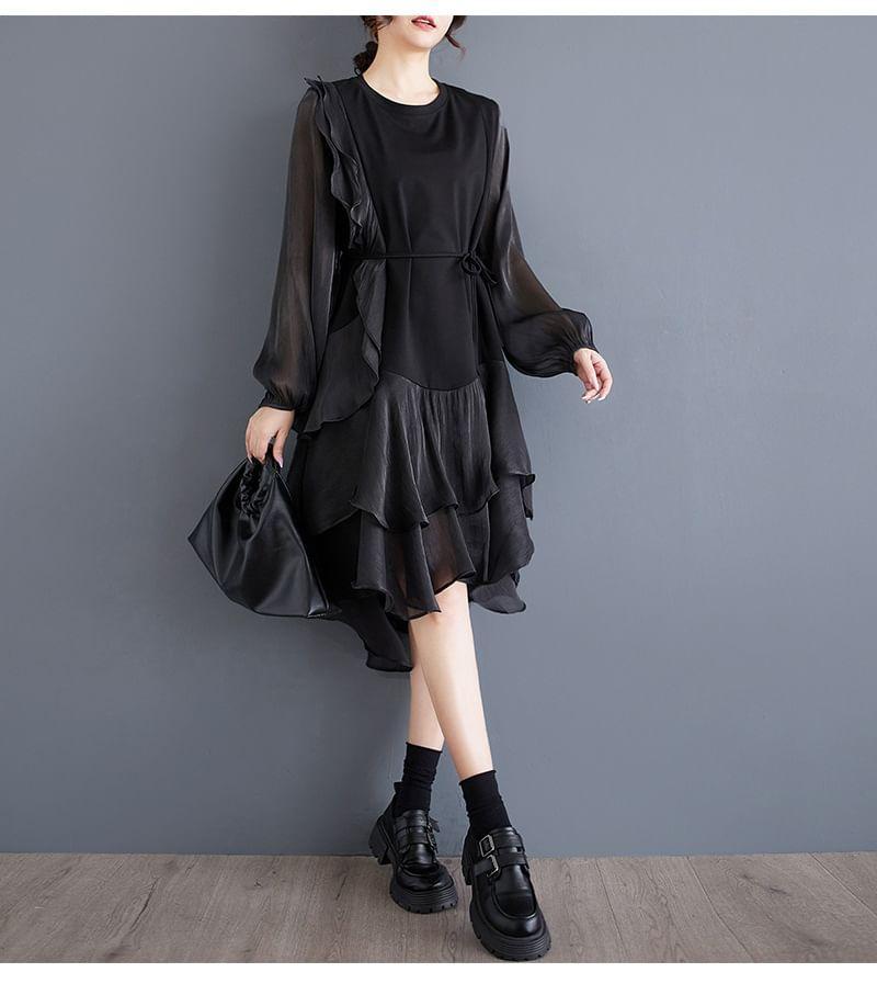 Long-Sleeve Round Neck Asymmetrical Ruffle Trim A-Line Dress Product Image