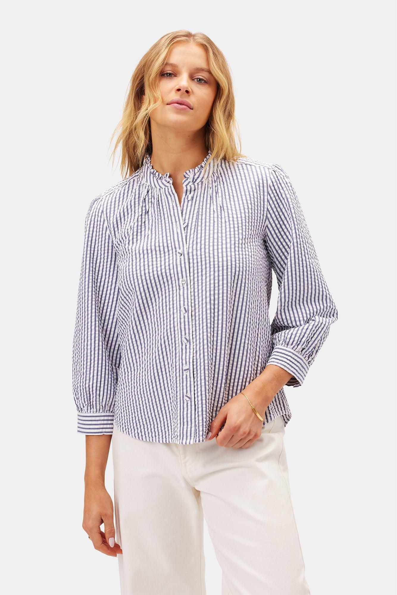 Charlotte Seersucker Blouse - Brittany Stripe Blue - ReAmour Product Image