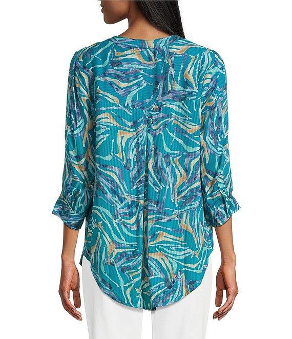 Intro Woven Mosaic Blue Split V-Neck 3/4 Roll-Tab Sleeve Button Front Shirt Product Image