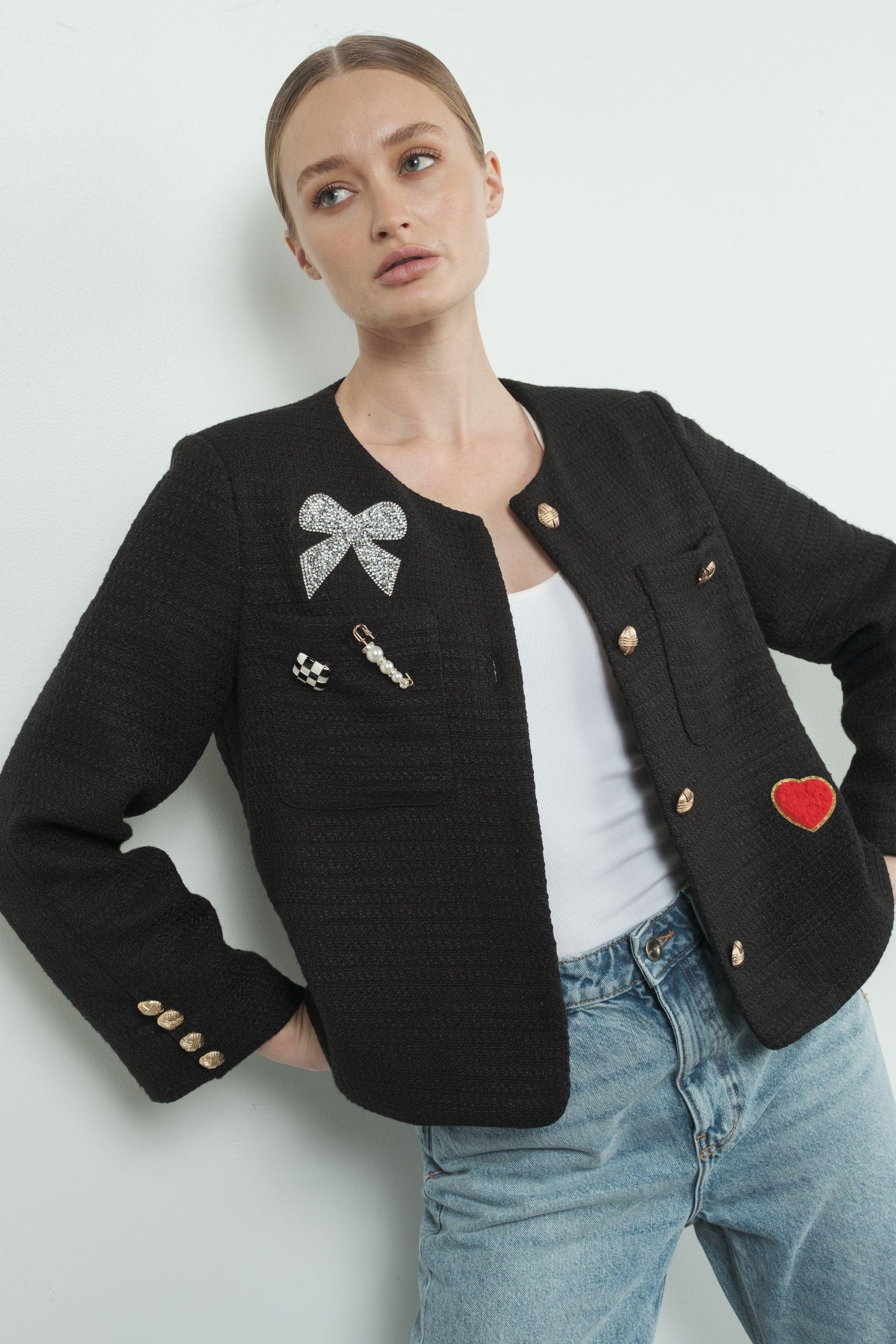 Rhinestones Pearl Pin and Heart Patch Jacket Product Image