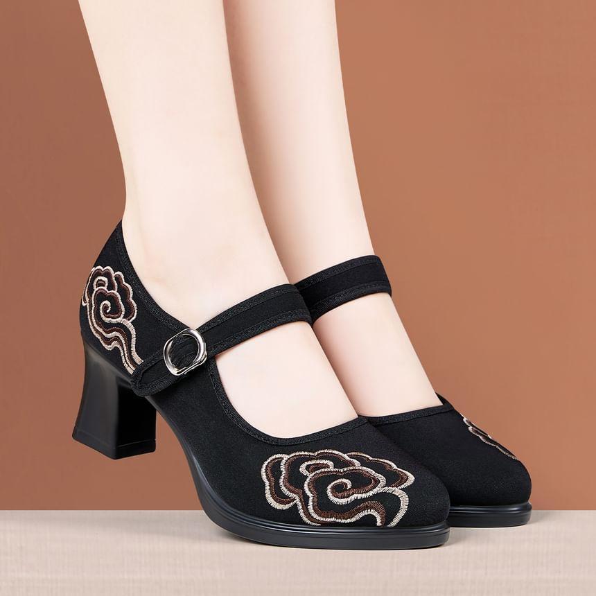 Platform Embroidered Mary Jane Pumps Product Image
