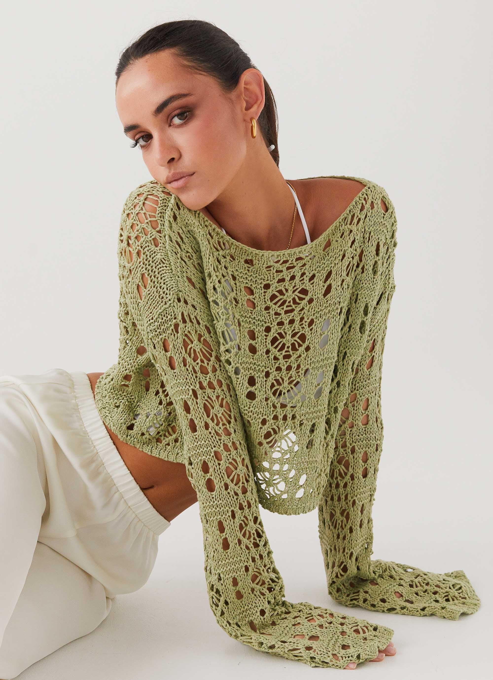 Free Mind Crochet Long Sleeve Top - Light Olive Product Image