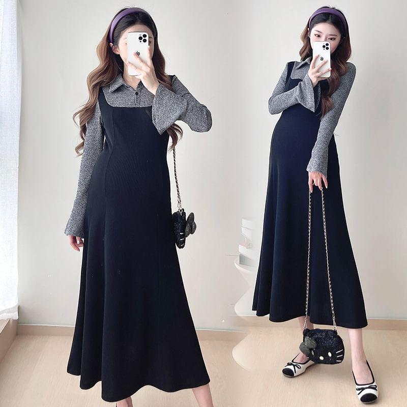 Maternity Mock Two-Piece Long-Sleeve Collared Melange Panel Midi A-Line Knit Dress Product Image