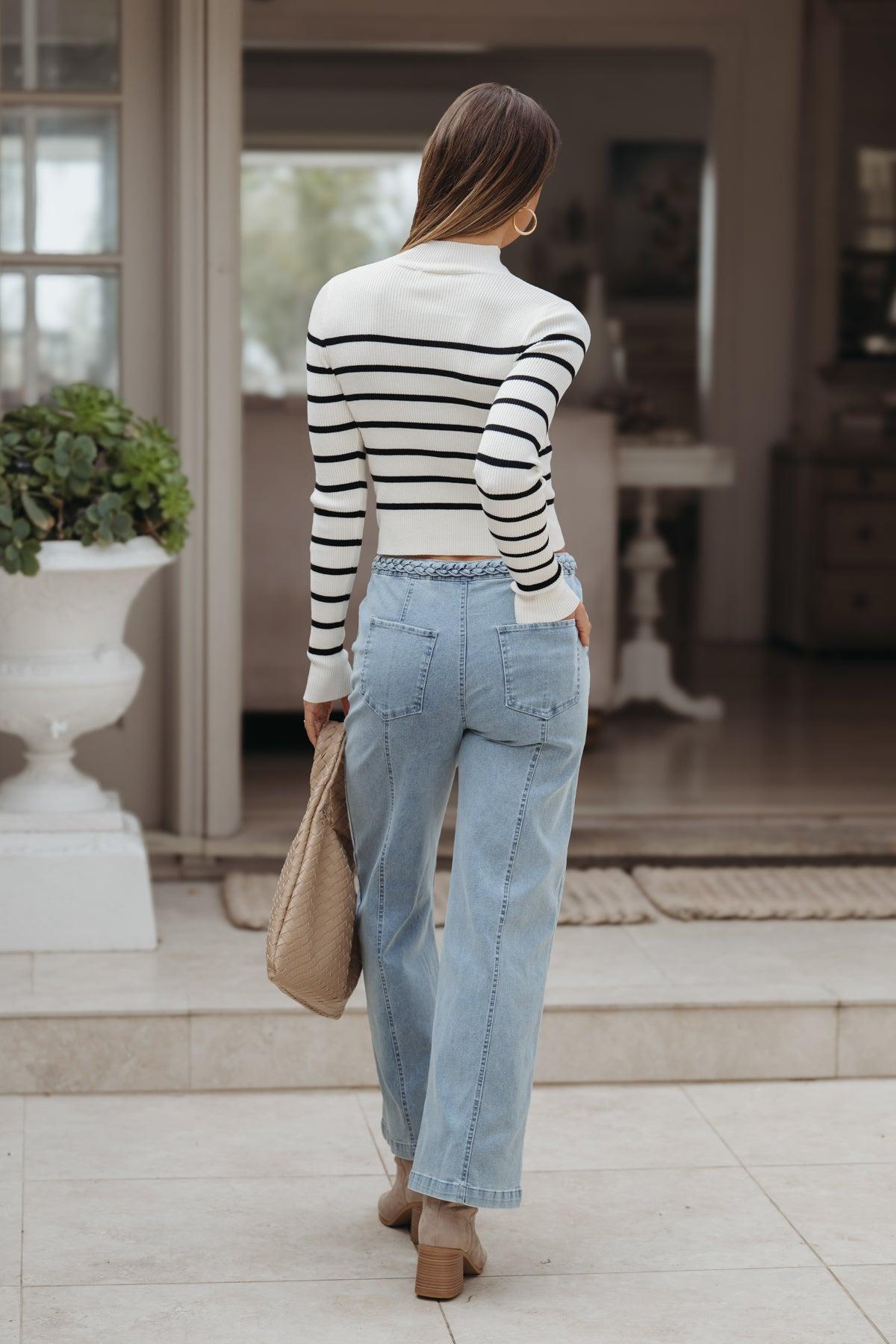 Cream and Black Striped Mock Neck Top - FINAL SALE Product Image