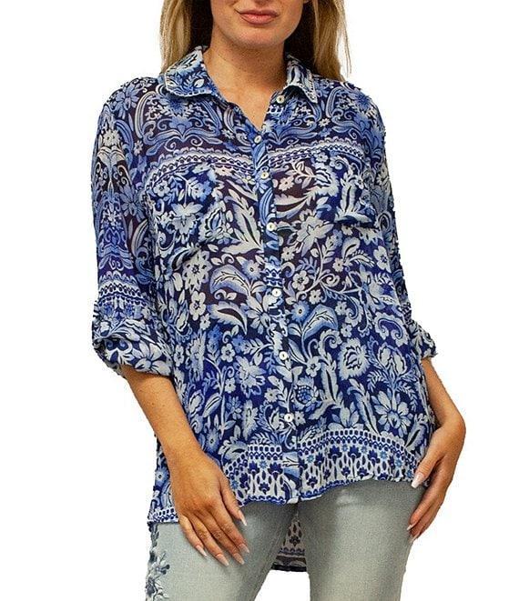 Karyn Seo Holly Bohemian Print Chiffon Spread Collar Long Sleeve Button Front Shirt Product Image