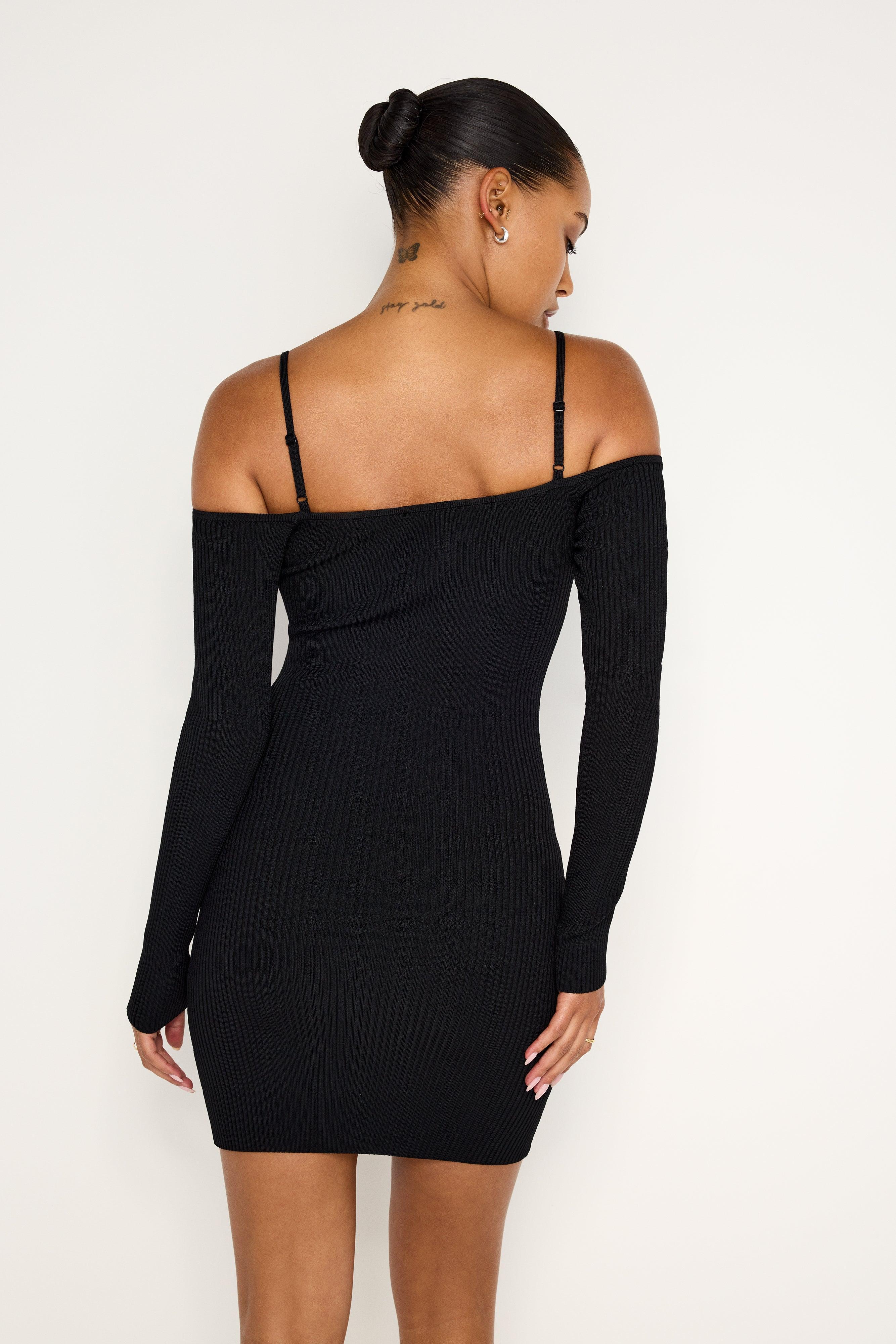 STRETCH RIB KNIT SHOULDER MINI DRESS | BLACK001 Product Image