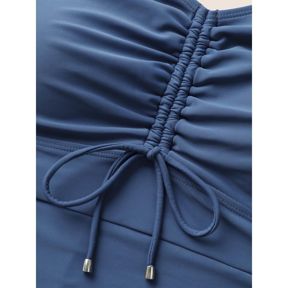 Plus Size Plain V Neck Drawstring Gathered One Piece Swimsuit Women's Swimwear Mediumblue Beach Gathered Curve Bathing Suits High stretch One Pieces BloomChic 28/5X Product Image