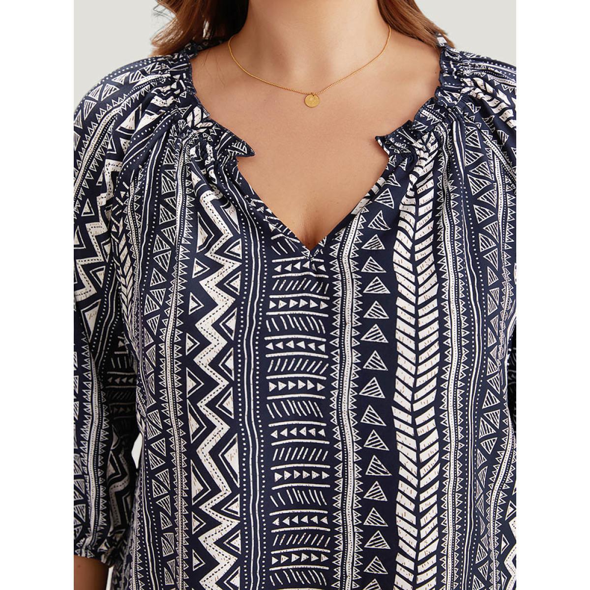 Plus Size Indigo Boho Print Frill Trim Raglan Sleeve Elastic Cuffs Blouse Women Resort Half Sleeve V-neck Vacation Blouses BloomChic 10/M Product Image