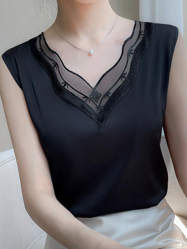 Loose Sleeveless Solid Color Split-Joint V-Neck Vest Top Product Image