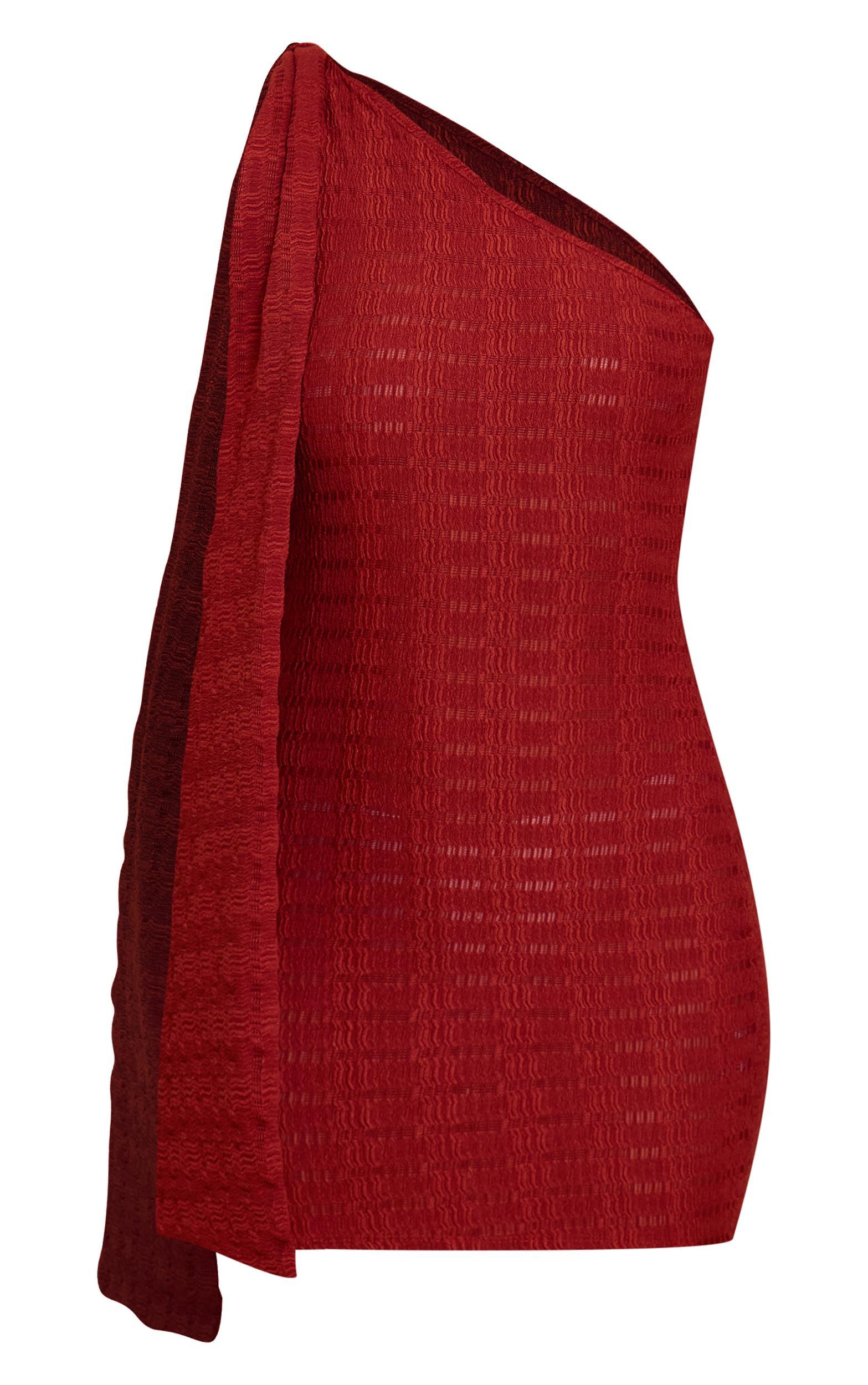 Rust Textured One Shoulder Drape Detail Bodycon Dress Product Image
