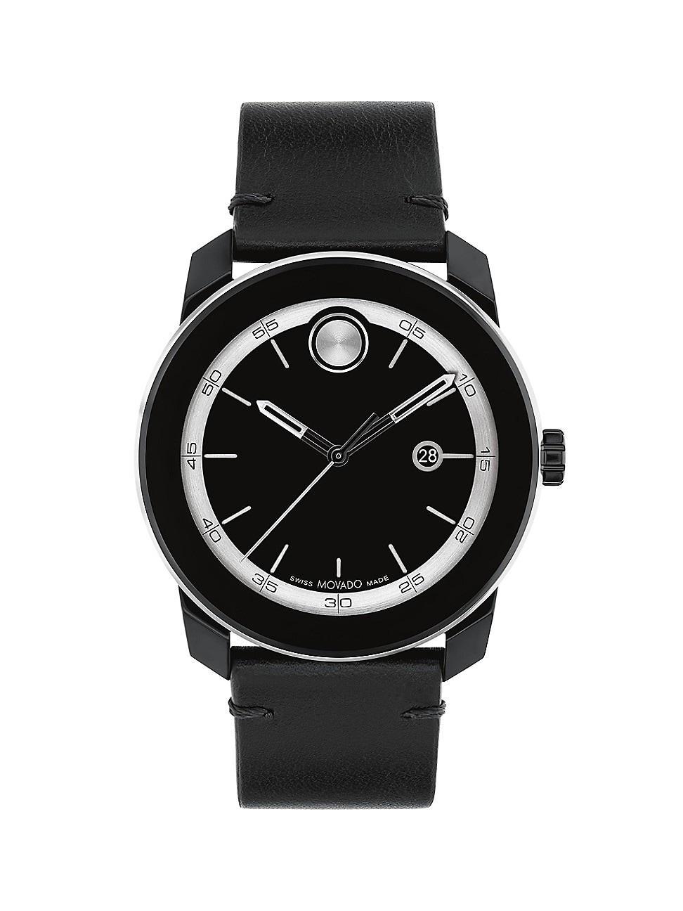 Movado Bold Mens TR90 Quartz Analog Silver Detail Black Leather Strap Watch Product Image