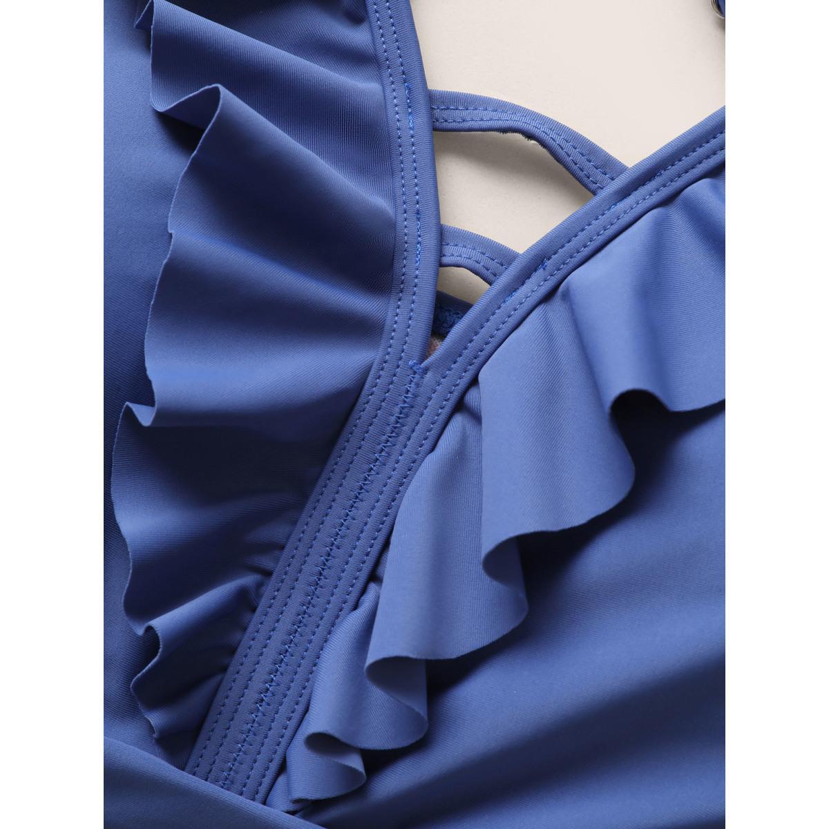 Plus Size Plain Keyhole Ruffle Trim Swim Top Women's Swimwear Indigo Beach Cut-Out High stretch Skinny V-neck Curve Swim Tops BloomChic 12/L Product Image