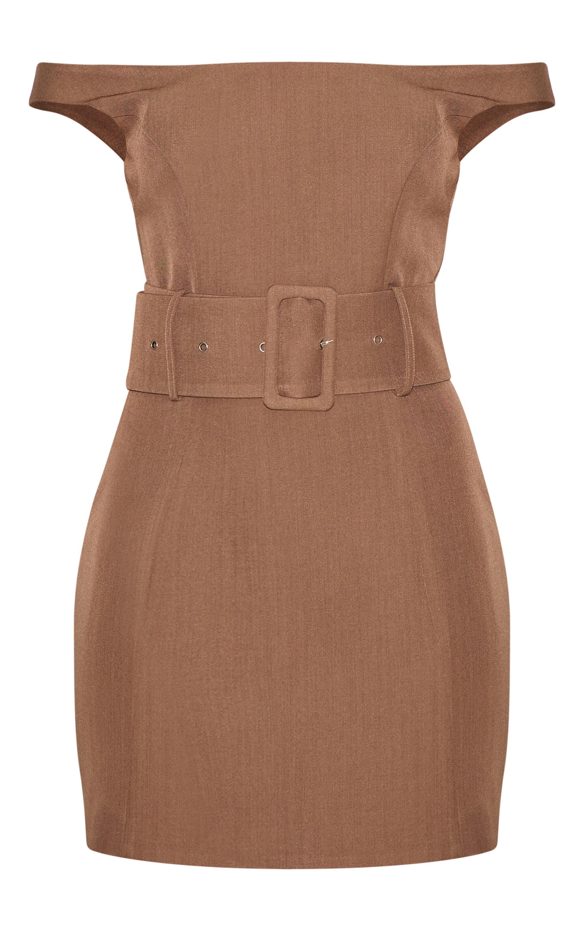  Taupe Woven Off Shoulder Belt Detail Mini Dress Product Image