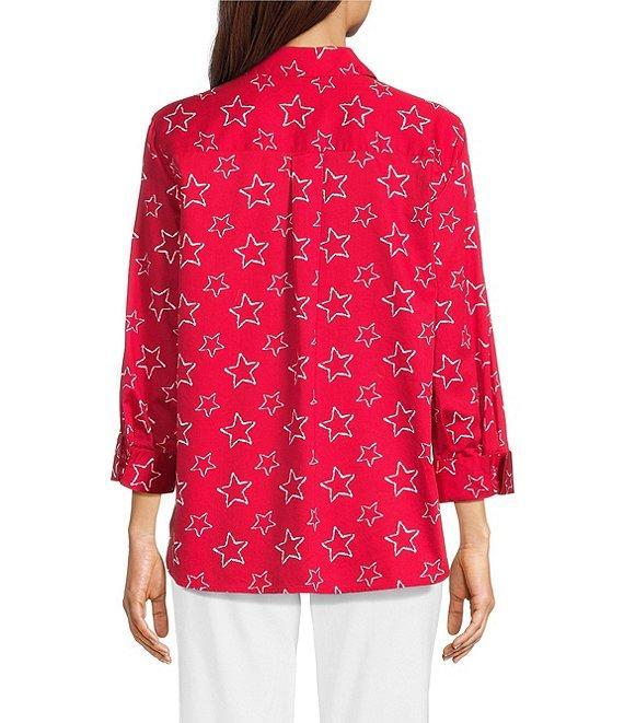 Ali Miles Woven Allover Star Print Point Collar 3/4 Cuffed Sleeve Button Front Tunic Product Image