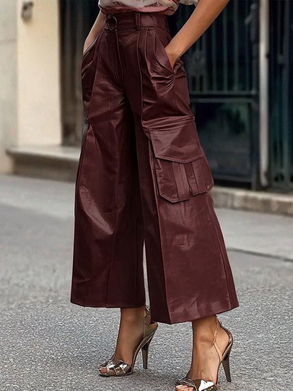 Loose Wide Leg Pleated Pockets Solid Color Split-Joint Pants Trousers Product Image