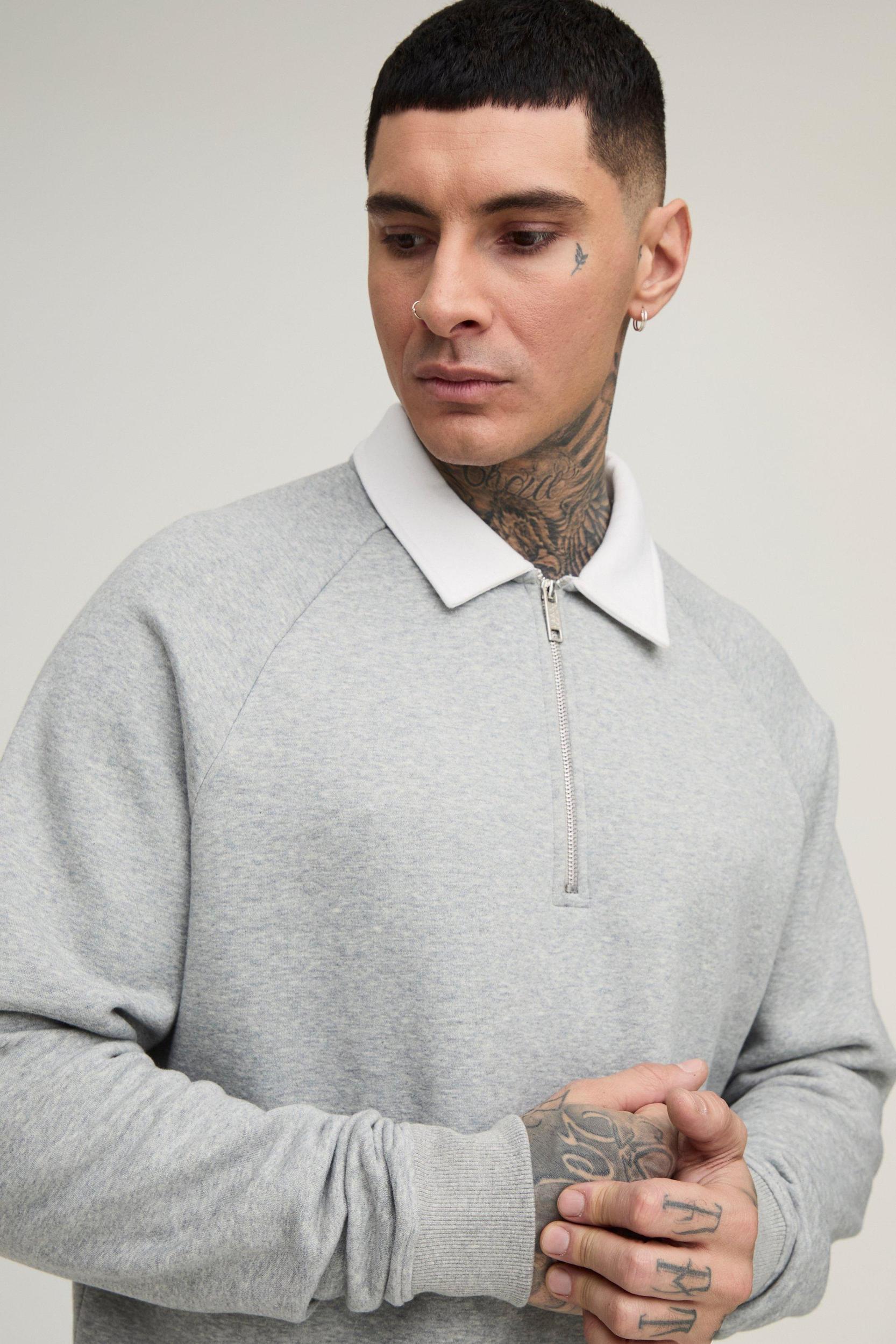 Tall Oversized Boxy Polo Sweatshirt in Grey | boohooMAN USA Product Image