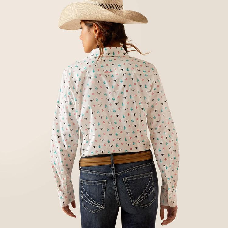 Ariat® Ladies L/S White Kirby Stretch Shirt - Steerhead/Cactus Print Product Image