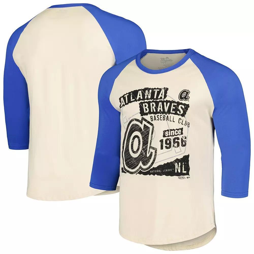 Men's Majestic Threads Cream/Royal Atlanta Braves Raglan 3/4-Sleeve T-Shirt,  Product Image