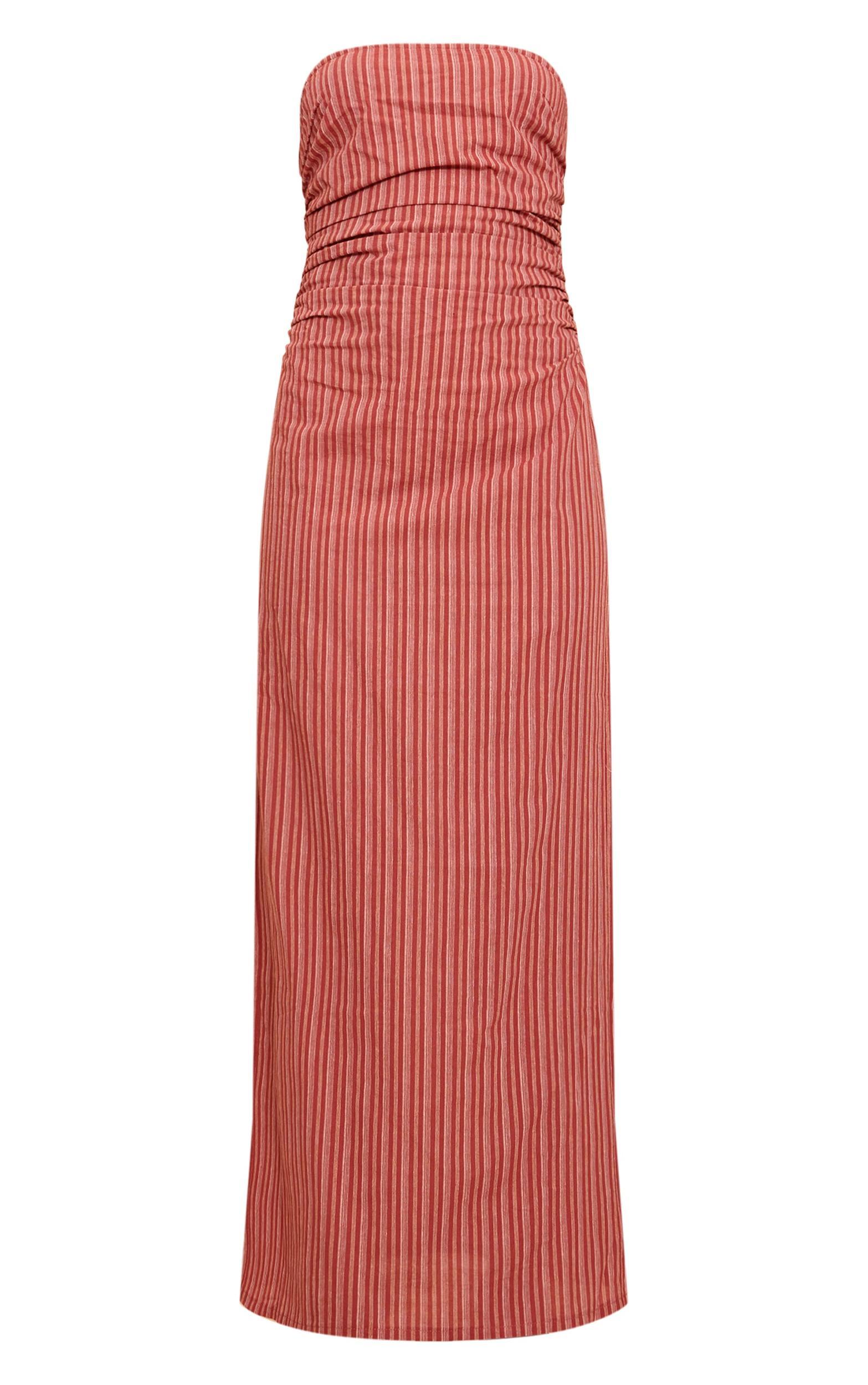 Rust Striped Bandeau Ruched Shift Dress Product Image