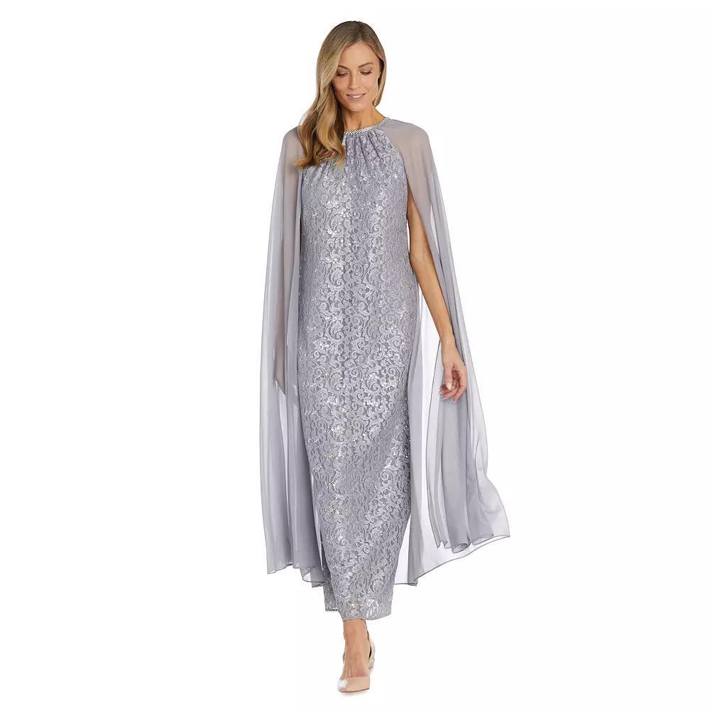 Women's R&M Richards Long Sequin Lace Chiffon Cape Gown,  Product Image
