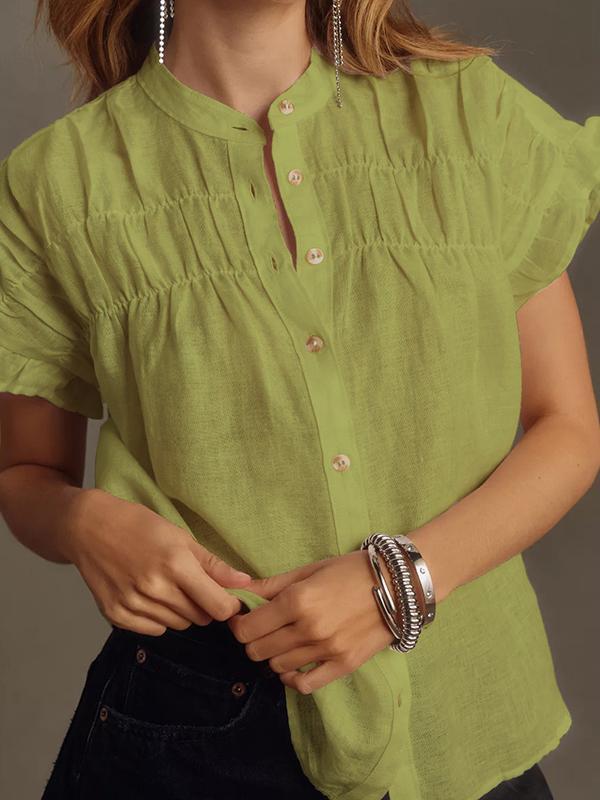 Loose Short Sleeves Pleated Ruffled See-Through Split-Joint Round-Neck Blouses&Shirts Tops Product Image