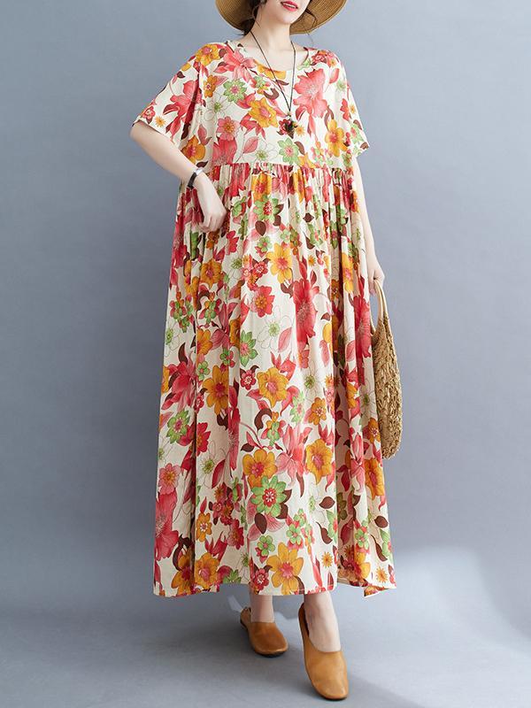 Loose Short Sleeves Pleated Printed Split-Joint Round-Neck Midi Dresses Product Image