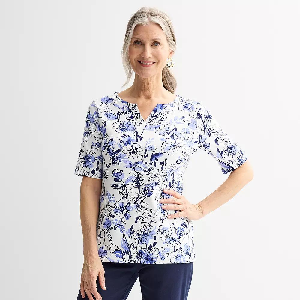 Women's Croft & Barrow® Elbow-Sleeve Splitneck Top, Size: Medium, Blue Bouquet Floral Product Image