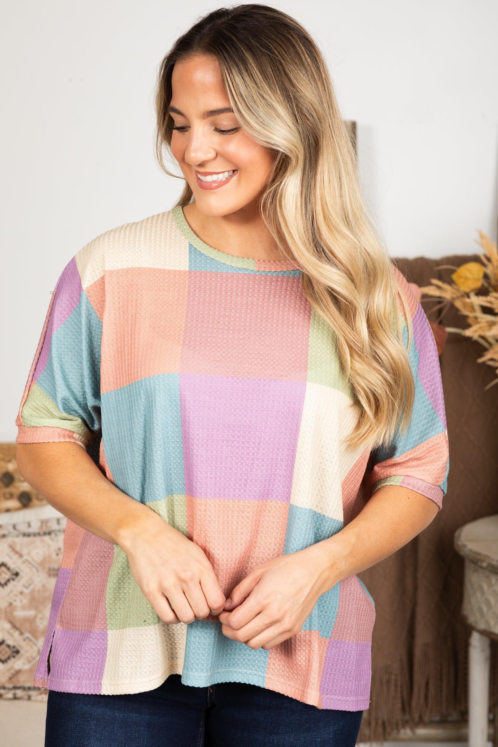 Orchid And Sage Checkered Knit Top Product Image