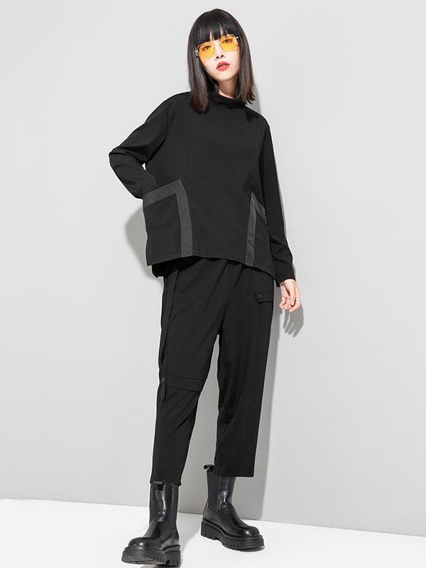 Casual Loose Long Sleeves Split-Joint Solid Color Stand Collar T-Shirts Tops Product Image