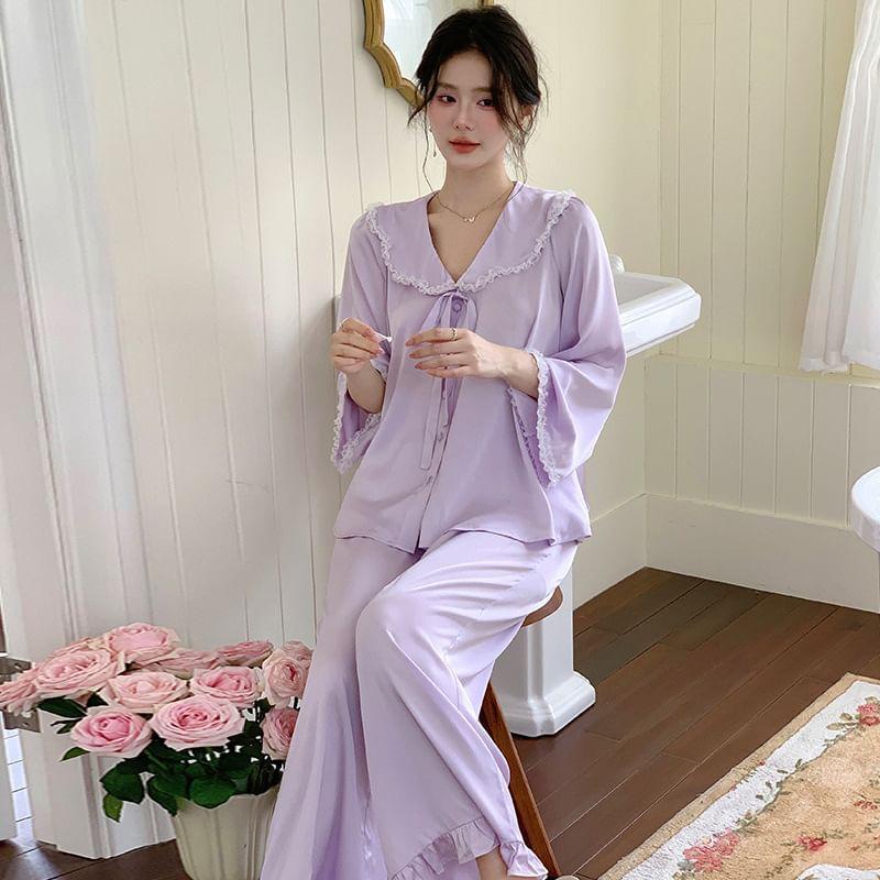 Pajama Set: Long-Sleeve Lace Trim Bow Button-Up Shirt + Pants Product Image