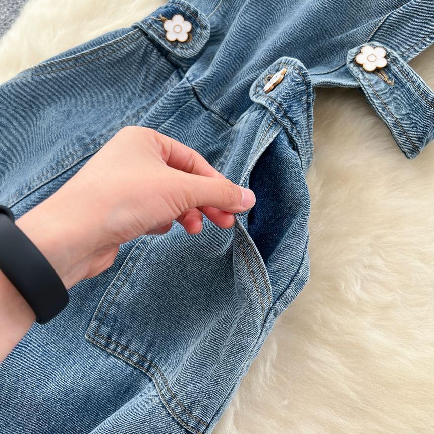 Sleeveless Buttoned Denim Wide Leg Jumpsuit Product Image