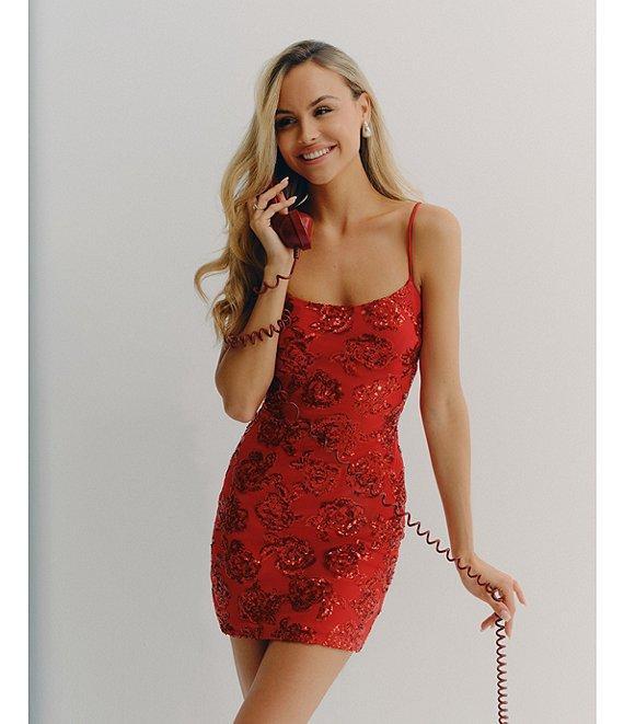 Blondie Nites Spaghetti Strap Sleeveless Sequin Floral Dress Product Image