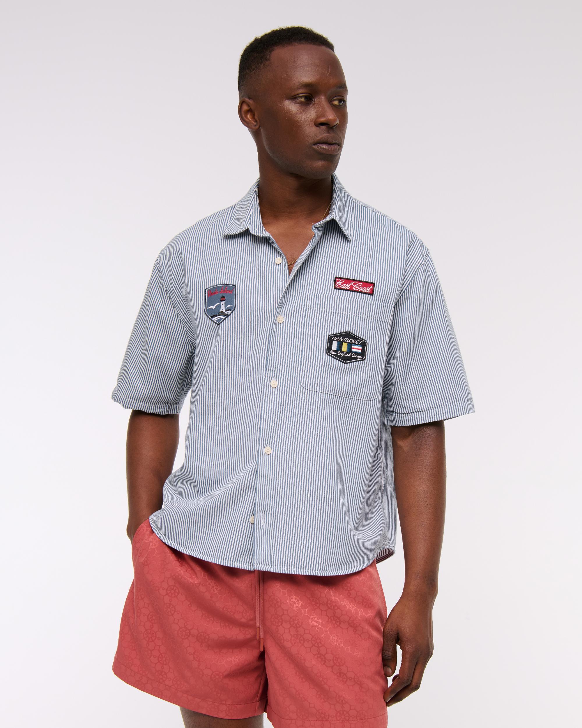 Short-Sleeve Cropped Graphic Workwear Button-Up Shirt Product Image