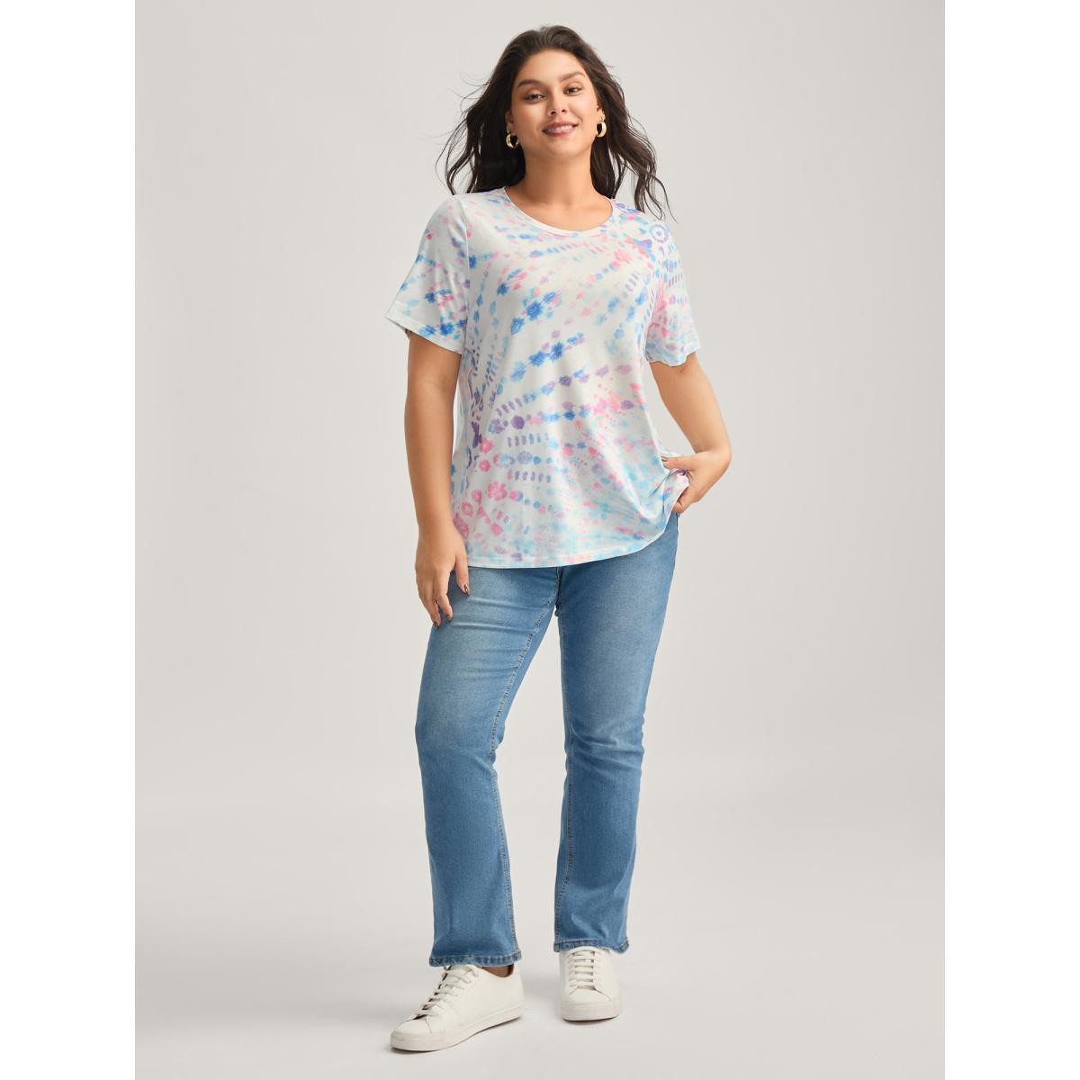 Plus Size Tie-Dye Ombre Round Neck T-Shirt Multicolor Women Playful Contrast Round Neck Casual T-shirts BloomChic 28/5X Product Image