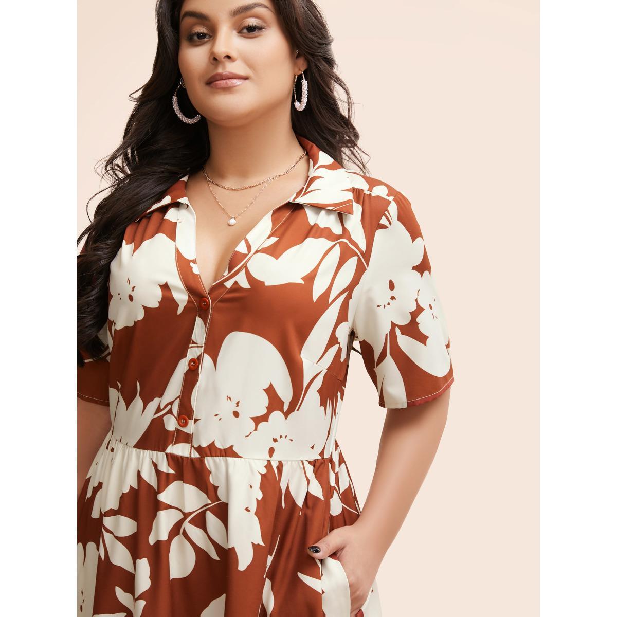 Plus Size Silhouette Floral Print Button Detail Midi Dress Russet Women Elegant Button Shirt collar Short sleeve Curvy BloomChic 26/4X Product Image
