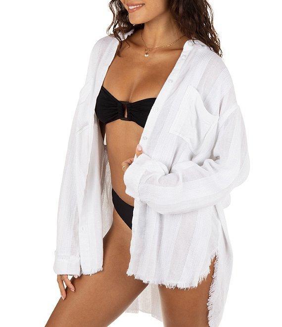 Hurley Stripe Gauze Point Collar Long Sleeve Button Front Swim Cover-Up Shirt Product Image