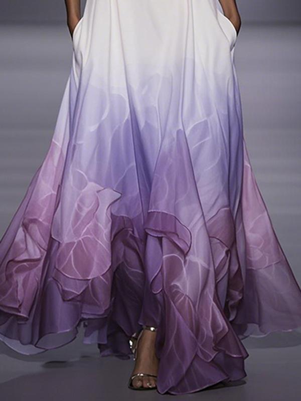 A-Line Loose Floral Printed Gradient Split-Joint V-Neck Maxi Dresses Product Image