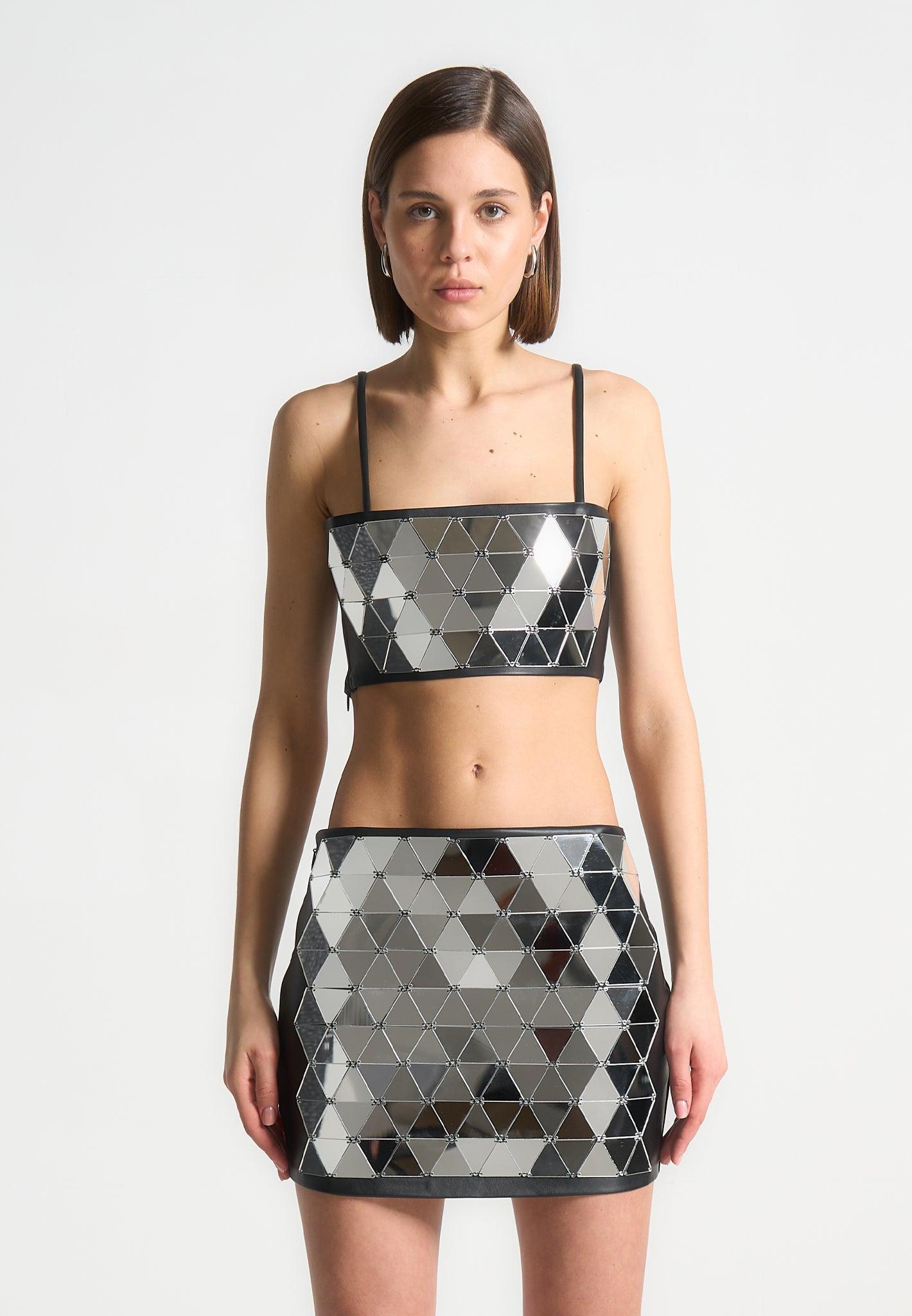 Leather Mirrored Bandeau Top - Silver/Black Female Product Image