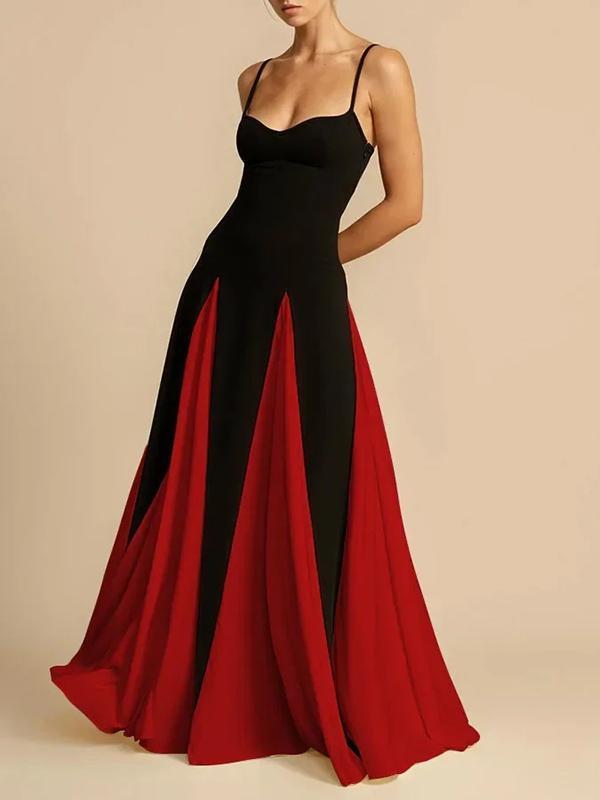 A-Line Sleeveless Contrast Color Pleated Split-Joint Spaghetti-Neck Evening Dresses Maxi Dresses Product Image