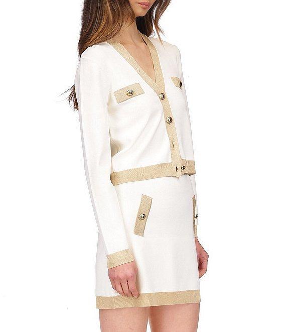 Michael Kors Metallic Trim V-Neck Long Sleeve Gold Button Cardigan Product Image