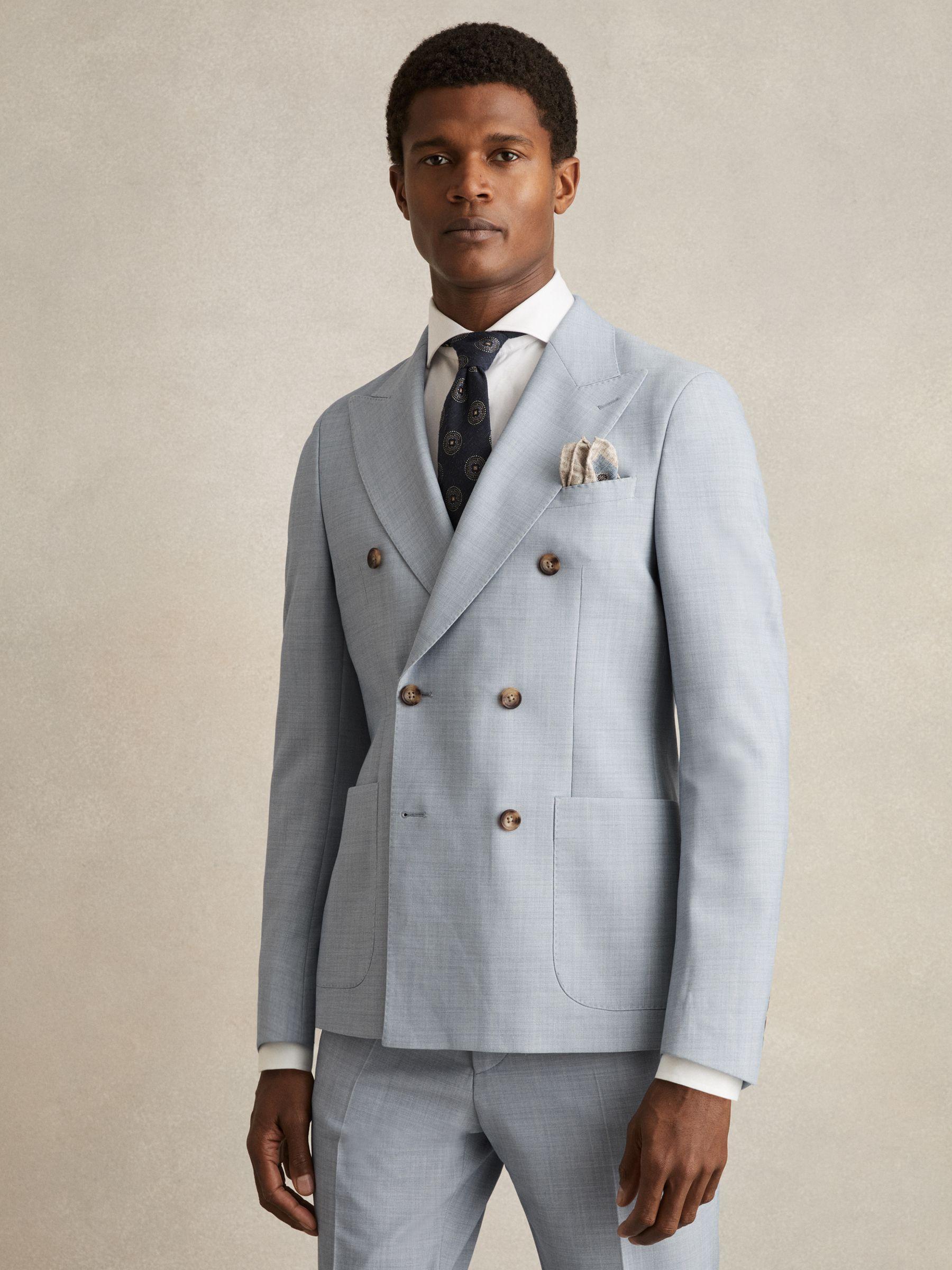 Double-Breasted Textured Suit Blazer With Wool Slim-Fit in Soft Blue Product Image