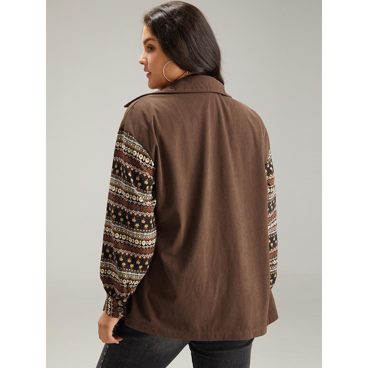 Plus Size Bandana Print Patchwork Button Through Jacket Women DarkBrown Contrast Pocket Dailywear Jackets BloomChic 26/4X Product Image