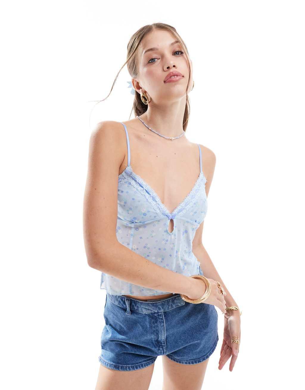 Cotton On mesh cami crop pajama top in blue ditsy  Product Image